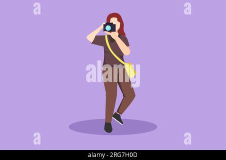 Cartoon flat style drawing beautiful woman with camera and sling bag taking pictures. Female paparazzi or journalist occupation, digital photography h Stock Photo