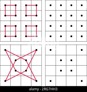 Dots grid Draw a line for each of these shapes of the dotted line practice exercise. School math sheet. the world of geometry Stock Vector