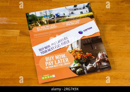 A Certas leaflet suggesting people Buy Now Pay Later for fuel. Stock Photo