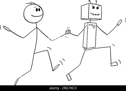 Happy Person Running Hand to Hand with Robot or Ai, Vector Cartoon Stick Figure Illustration Stock Vector