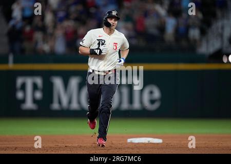 Texas Rangers' Corey Seager rounds the bases after hitting a home run  during a baseball game against the Seattle Mariners, Sunday, June 4, 2023,  in Arlington, Texas. (AP Photo/Tony Gutierrez Stock Photo 
