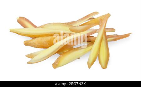 Sliced Kaempferia herb isolated on white background. Kaempferia clipping path Stock Photo