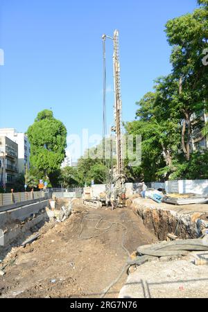 June 2023, Tel-Aviv Israel. Light rail construction in the city center around Rabin square. Stock Photo