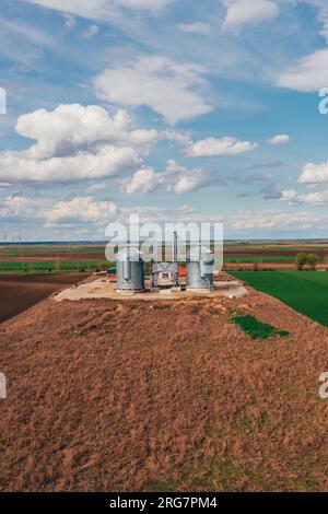 Farm silos in field, aerial view from drone pov on sunny spring day with white clouds over horizon Stock Photo