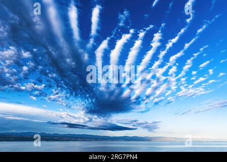 Beautiful cirrus clouds over Kvarner gulf of Adriatic sea in Croatia Stock Photo
