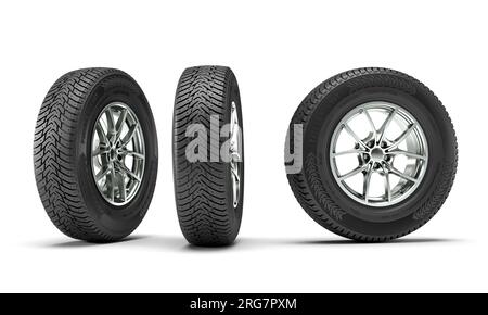 winter tyres on a white background. 3d render Stock Photo