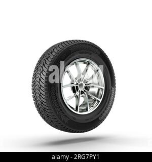 single wheel with winter tyre on white background. 3d render Stock Photo