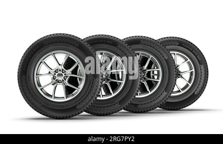 side view of winter tyres on a white background 3d render Stock Photo