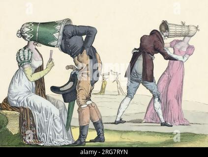 Satirical comment on extreme women's fashion, in this case sun bonnets popular in the early 19th century.  Here, the exaggerated is exagerrated even more as gentlemen do their best to communicate with the ladies.  The caption to this picture which appeared in Le Supreme Bon Ton, number 16 reads Les Invisibles en tete-a-tete or the invisible, face to face.  Anonymous artist, circa 1815. Stock Photo