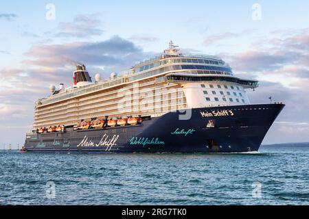 Mein Schiff 3 is a cruise ship operated by TUI Cruises, pictured entering Portsmouth, becoming the largest ever vessel to use the harbour. Stock Photo