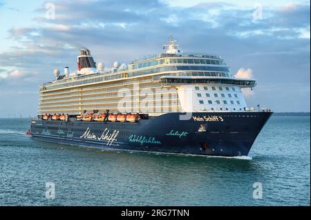 Mein Schiff 3 is a cruise ship operated by TUI Cruises, pictured entering Portsmouth, becoming the largest ever vessel to use the harbour. Stock Photo