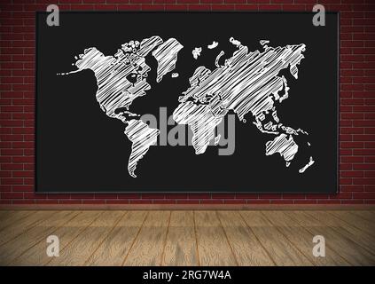 blackboard with drawing world map hanging on red brick wall Stock Photo