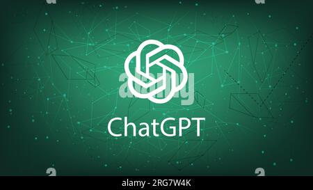 ChatGPT artificial intelligence program logo, OpenAI company, on polygonal green background. Vector illustration banner for news. Stock Vector