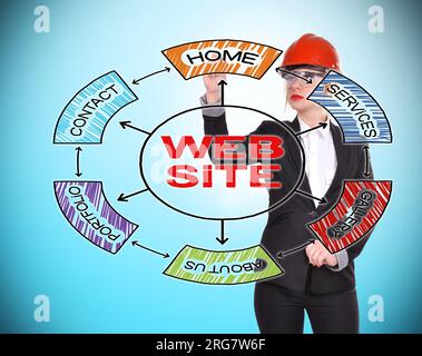 engineer woman drawing website concept on blue background Stock Photo