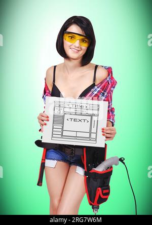 woman worker holding placard with template website scheme Stock Photo