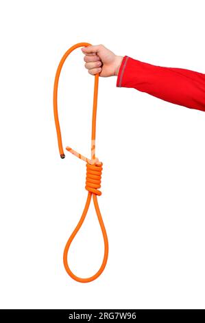 hand holding Hanging noose of rope, isolated on white Stock Photo