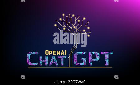 OpenAI company gradient ChatGPT text from PCB and brain from PCB tracks, Artificial Intelligence, on gradient purple background. Vector illustration b Stock Vector