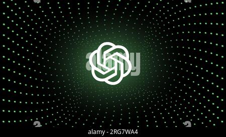 ChatGPT artificial intelligence program logo, OpenAI company, on spiral green background. Vector illustration banner for news. Stock Vector