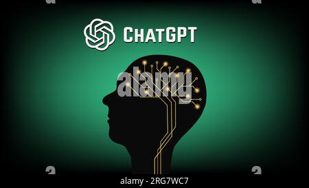 Human head with brain from PCB and ChatGPT artificial intelligence program logo, OpenAI company, on gradient green background. Vector illustration ban Stock Vector