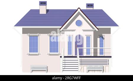 Colored one-story house with porch and benches isolated on white background. Vector clipart. Stock Vector