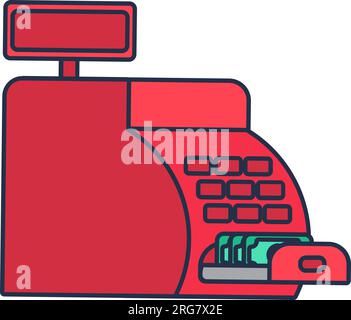 Red cash register with open bill acceptor. Device for safe storage of money and accounting for goods sold in store. Stroke cartoon outline vector icon Stock Vector