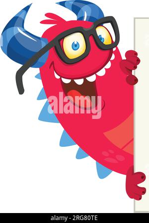Catoon funny red  dragon creature holding blank sign with sample text. Vector illustration Stock Vector