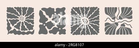 Groovy doodle and abstract flowers art poster set. Simple dark retro silhouette dor card, background, banner. Stock Vector