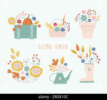Cute autunb bouquet vector illustrations set. Vegetables, flowers in baskets, boxes. Stock Vector