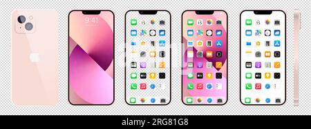 New pink Iphone 14. Apple inc. smartphone with ios 14. Locked screen, phone navigation page, home page with 47 popular apps. Black background. Editori Stock Vector