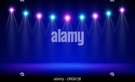 Stage, spotlight. Blue backdrop, background for displaying products. Bright spotlights. Glowing light spot on scene. Shining stage blue pink purple li Stock Vector