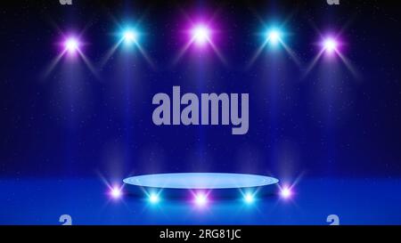 Stage, podium, spotlight. Blue pink purple background, backdrop for displaying products. Shining stage light with ramp illumination. Bright spotlights Stock Vector