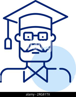 Older man graduating from college. Wearing mortar and gown. Senior citizens higher education. Pixel perfect icon Stock Vector