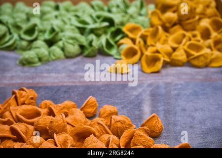 Close up on fresh raw orecchiette, typical apulian pasta, in downtown in Bari Stock Photo