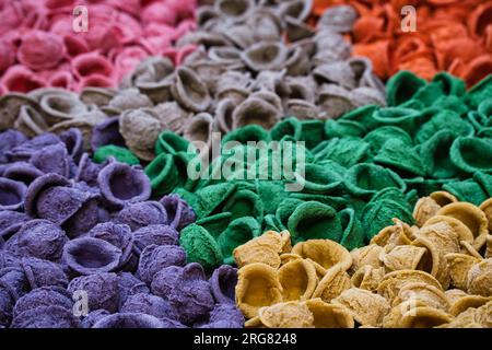 Close up on fresh raw orecchiette, typical apulian pasta, in downtown in Bari Stock Photo