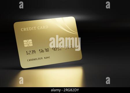 Golden credit card with copy space on dark background. 3d illustration. Stock Photo