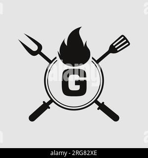 Letter G Restaurant Logo with Grill Fork and Spatula Icon. Hot Grill Symbol Stock Vector