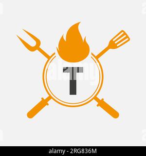 Letter T Restaurant Logo with Grill Fork and Spatula Icon. Hot Grill Symbol Stock Vector
