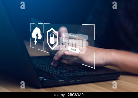 internet security concept and cyber networks. man holding shield icon virtual with lock symbol with network security Stock Photo