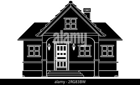 Black silhouette of one-story house with porch and canopy isolated on white background. Vector clipart. Stock Photo