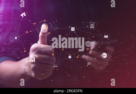 Fingerprint Technology, Big Data Encryption, Cloud data for achievement objectives target concept. Encrypting digital data with fingerprints Stock Photo