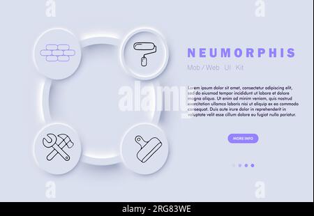Construction line icon. Brick, block, tools, spatula, roller, hammer, wall. Neomorphism style. Vector line icon Stock Vector