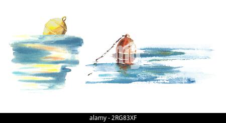 Yellow buoy at the sea Watercolor illustration. Hand painted