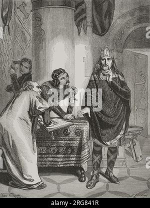 Charlemagne (742-814). King of the Franks (768-814), the Lombards (774-814) and emperor of the Western Roman Empire (800-814). Charlemagne dictating his capitularies. Ordinances established by Charlemagne from 789 to 813 to regulate religious life in the Frankish kingdom. Engraving. 'Los Héroes y las Grandezas de la Tierra'. Volume V. 1855. Stock Photo