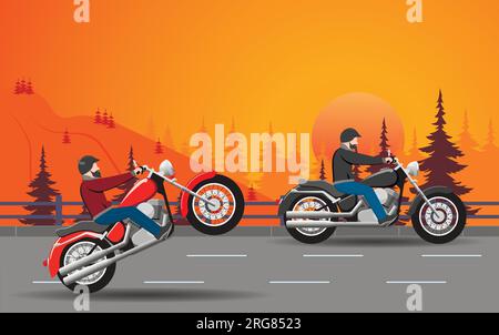 Racing motorcycles on a country forest road at sunset. Vector. Stock Vector