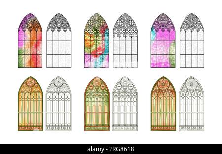 Stained Church glass worksheet. Set of six different windows. Stock Vector