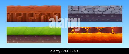 Set of seamless ground layers for game level interface. Vector cartoon illustration of mountain stone road, green grass on soil, dry desert land, hot lava texture, underground pattern. Adventure gui Stock Vector