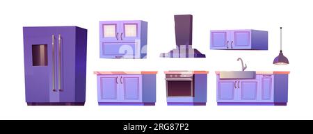 Kitchen interior furniture cartoon vector set with fridge, cupboard, simple equipment and sink isolated clipart on white background. refrigerator and stove inside flat graphic for website or game Stock Vector
