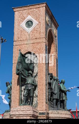 Istanbul, Turkey, Türkiye. Republic Monument in Taksim Square. Soldier on Western Side of Monument. Ataturk is shown on right (south) side in his role Stock Photo