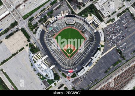 An aerial view of Guaranteed Rate Field, Sunday, Feb. 7, 2021, in Chicago.  The stadium is the home of the Chicago White Sox Stock Photo - Alamy