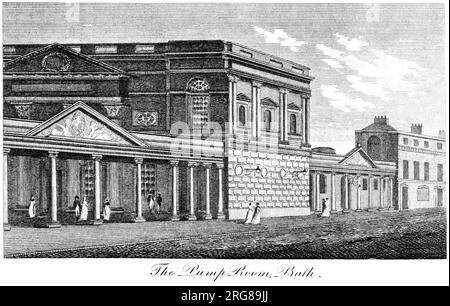 An engraving of The Pump Room, Bath UK scanned at high resolution from a book printed in 1806.  Believed copyright free. Stock Photo